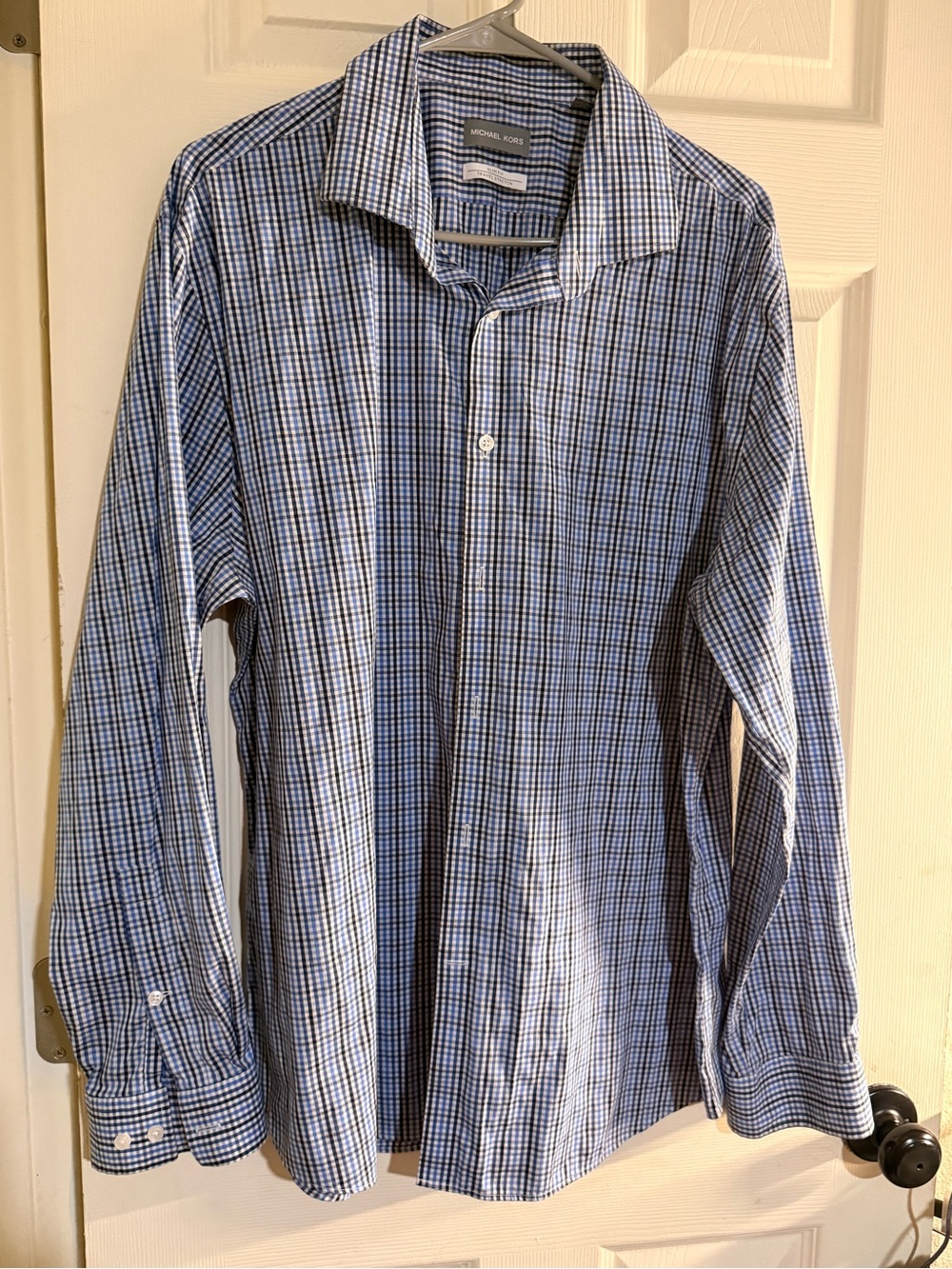 Michael Kors Mens Blue‎ Plaid Slim Fit Travel Stretch Dress Shirt Size XL